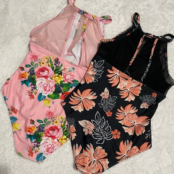 2️⃣ Tempt Me Women’s One Piece Swimsuits Pink and Black Flower V-Neckline Mesh. - Picture 4 of 16